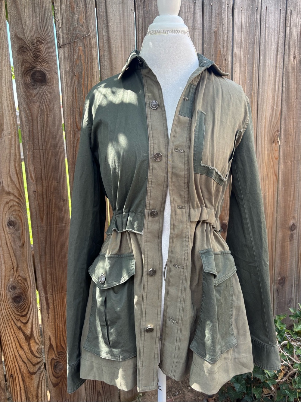 Womens Olive Military Style Utility Jacket Drawstring Waist Boho Size Small
